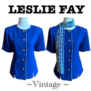 Vintage LESLIE FAY Blue Cream Top and Scarf (Vintage 14/Medium)